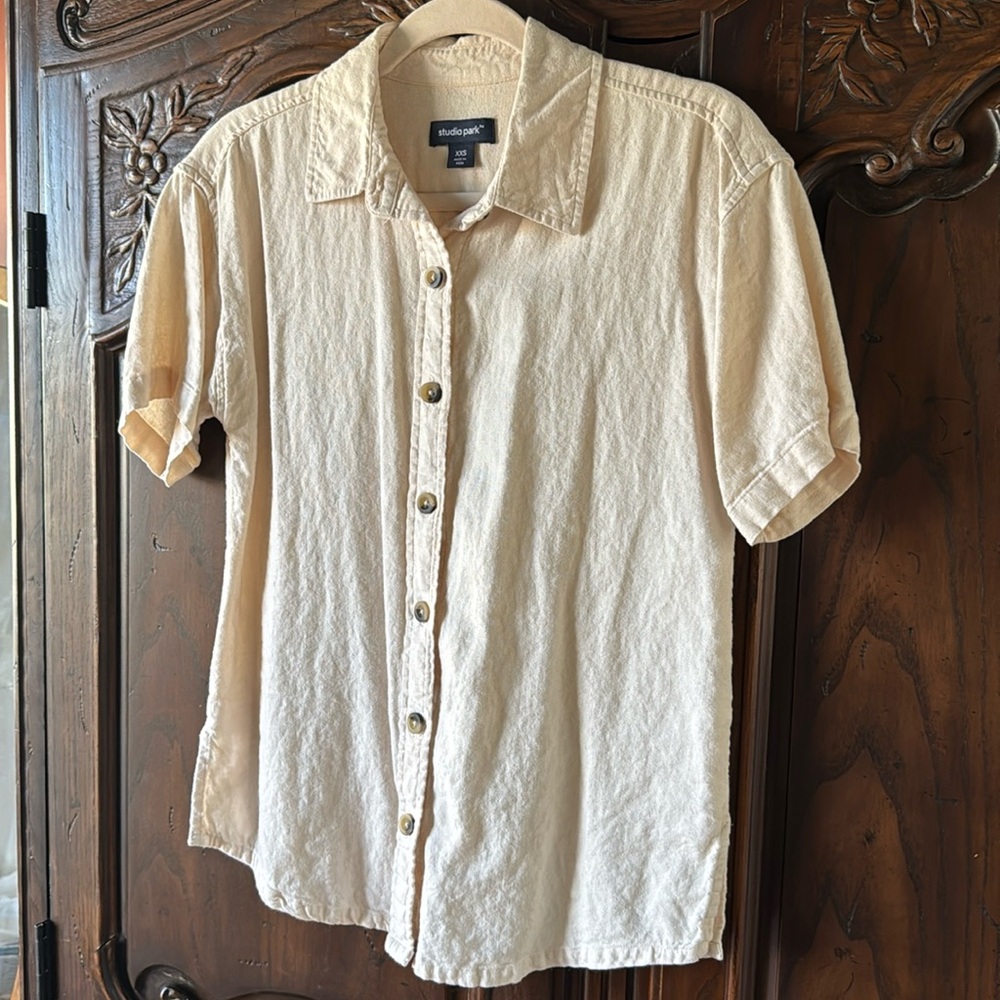 Studio Park Cream Color Button Down Flax Linen Shirt XXS for Women EUC